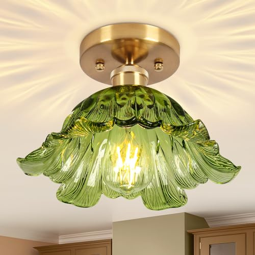 Vloitgol Deckenleuchte Vintage mit lampenschirm Grüne glas, E27 25cm, halbbündige Grüne Deckenlampe vintage blumen Glas für Schlafzimmer Flur Küche Esszimmer Wohnzimmer (Glühbirne nicht enthalten)
