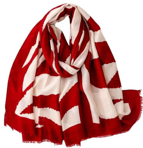 WaJuemy Travel Boho Scarf for Women Casual Lightweight Pashmina Scarves Fashion Multicolor Shawl Wraps with Fringed Beads (50 Red/Beige)