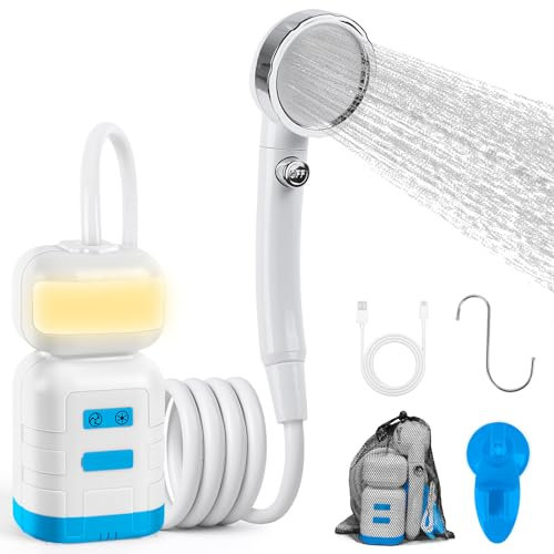 Catolsss Upgraded Portable Shower with LED Light, 8000mAh Rechargeable Water Pump & Powerful Suction Cup for Camping,Hiking, Travel, Car Wash, Pet Bathing