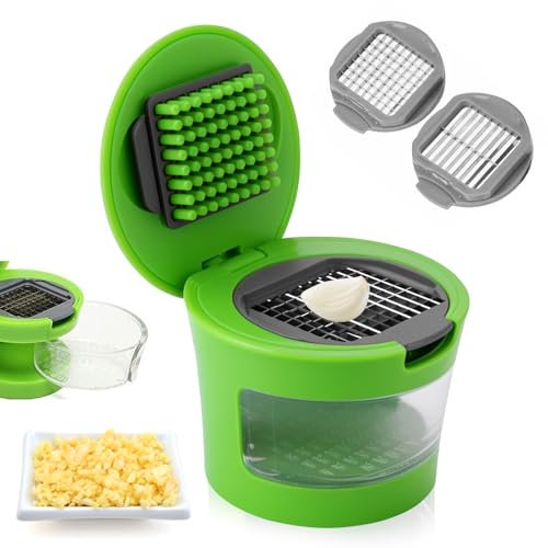 Miawtro Garlic Press, 2 Different Blades Garlic Dicer Easy to Disassemble and Clean, Labor-Saving Garlic Crusher with ABS Safety Material and Stainless Steel for Cutting Garlic, Ginger, Fruits