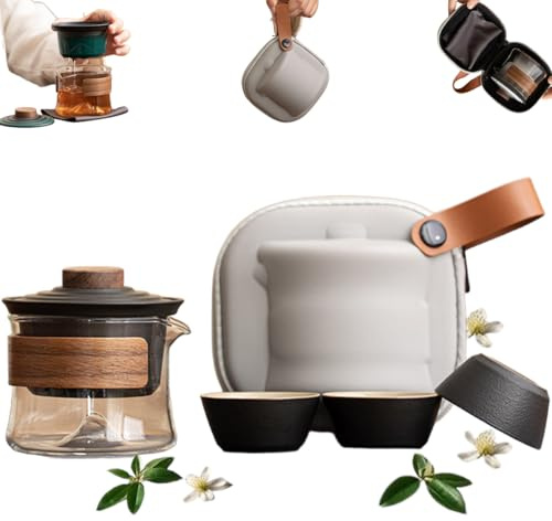 Teatsy - Set da tè portatile, teiera in vetro resistente al calore, con colino rotante a 360°, 3 tazze di alta qualità e custodia da viaggio, in ceramica, per casa, ufficio, campeggio, idea regalo