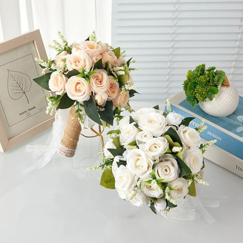 NexusGlow Künstlicher Hochzeitsstrauß im Vintage-Stil, 2 Stück, 25 cm, Seidenrosen, Brautsträuße, rustikale Landschaft, Braut und Brautjungfer, Blumen, Aller-gies Bouquet-Set