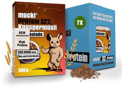 mucki Protein Knuspermüsli mit Schokolade 360g x 7-7er Pack – Hochwertiges Protein Müsli ohne Zucker – Proteinreiches Schokomüsli mit 32% Proteingehalt, Haferflocken, Sojacrispies und Ballaststoffen