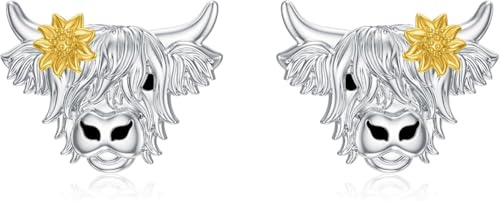 PROESS Highland Cow Earrings 925 Sterling Silver Sunflower Cow Stud Earrings Highland Cow Jewellery Gifts for Women Mother