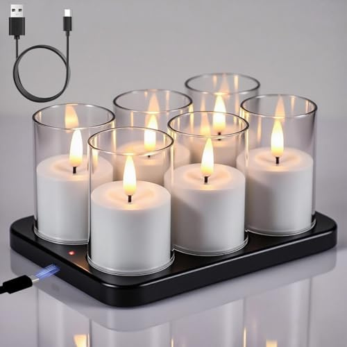 Eldnacele LED Teelichter mit Timerfunktion, 6er Set mit Ladestation | Aufladbare Teelichter, transparente Acrylhülle, flackernde Flamme, 6-Stunden-Zyklus, für Tischdeko und Windlichter