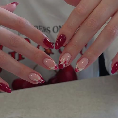 Nymora 24 Stück Fake Nägel zum Aufkleben, Rotes Blumenmuster, Herbst Klebernägel, Mandelförmige Acryl-Kunstnägel, French Press On Nails für Frauen und Mädchen