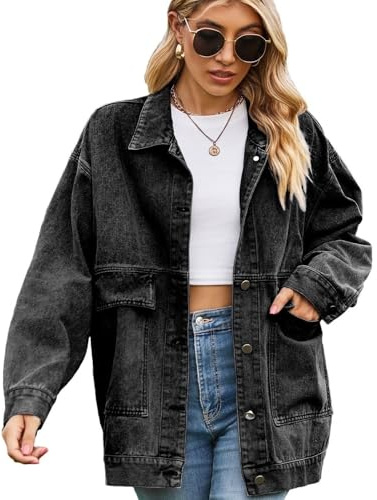 aromm Donna Oversize Denim Giacca Mezza Lunga Maniche Lunghe Outfit in Jeans, Nero Grigio, XL