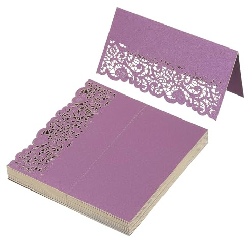 PATIKIL 50Pz Segnaposto per Matrimonio, Cartellini Segnaposto Comunione Eleganti Tavolo Pizzo Tagliato Laser Pieghevoli Tenda Biglietti Nomi per Tavola Buffet Ricevimento, Viola Scuro