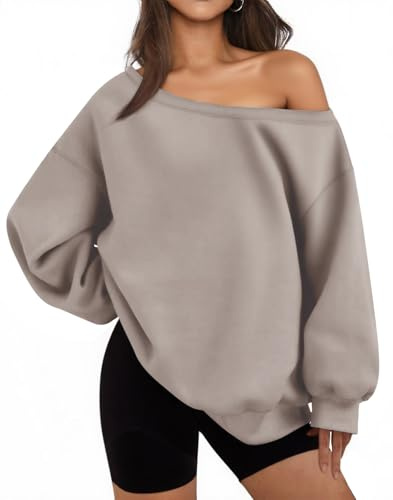 BONITEE Women Casual Long Sleeve Sweatshirts 2026 Fall Off Shoulder Pullover Sexy One Shoulder Tops Cute Loose Hoodies Coffee-Grey,XL