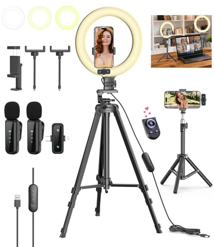 Kit di vlogging per iPhone/Android, anello luminoso per selfie da 25,4 cm con supporto, treppiede estensibile da 147 cm, treppiede da tavolo, microfono wireless, kit base per YouTube, Creatore di
