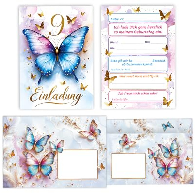 JuNa-Experten 12 Einladungskarten incl. 12 Umschläge zum 9. Kindergeburtstag Kinder Schmetterling Mädchen coole bunte Einladungen neunte Geburtstag Mädchengeburtstag