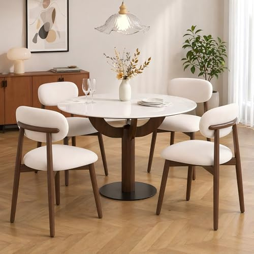 TAKUMI∞X Lot de 4 chaises de salle à manger modernes en bois de noyer et tissu lin avec dossier incurvé pour la maison, le restaurant, le bureau, les cafés - Beige