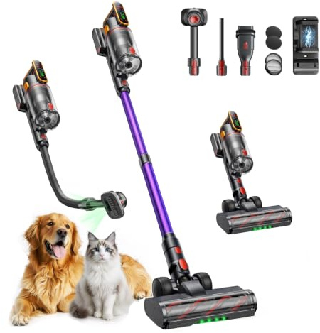 Fieety Aspiradora sin Cable 50kPa/600W/65Mins Aspiradora Escoba Potente Aromática con Cepillo para Mascotas, Modo Auto, Manguera 1M, Anti-Enredos, para Pelo de Mascotas/Suelos/Alfombras/Coche