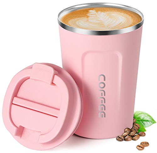 Smilatte 380 ml Trinkflasche Edelstahl, Auslaufsichere Thermobecher Thermosflaschen Kaffee to go Becher Tassen Kaffeebecher Wasserflasche mit Deckel, Rosa