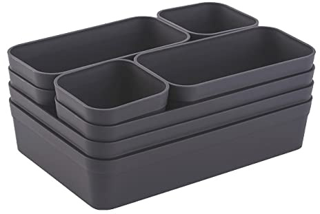 Engelland - Schubladen-Organizer Set, 8-teilig, Farbe: Anthrazit-Grau, universell verstellbar, Aufbewahrungs-Box, Einteiler, Trenn-System, Utensilien, Stauraum, Wohn-Badezimmer, Kunststoff, BPA-frei