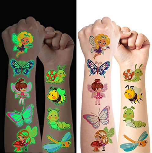 Tattoo Kinder, 10 Blätter Leuchtendes Blumenfee Insekt Temporäre Tattoos Aufkleber Set für Mädchen, Leuchten im Dunkeln Wasserdichte Kindertattoos, Geburtstagsgeschenke Kindergeburtstag Mitgebsel