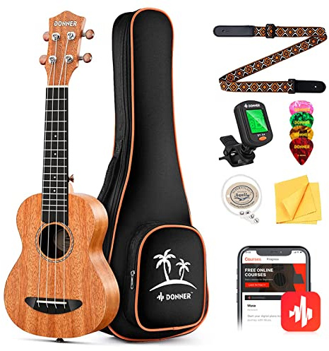 Donner Soprano Ukulele Mahogany 21 inch Ukelele Beginner Kit Online Lesson Gig Bag Strap Nylon String Tuner Picks Cloth DUS-1 Ukalalee Set Christmas Gift