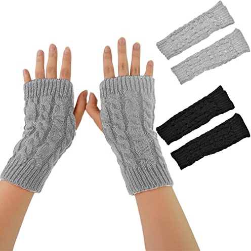 VEGCOO 2 Pairs Fingerless Gloves, Wrist Warmers Gloves Knit Arm Warmers, Women Girls Comfortable Wrist Glove Arm Mitten Knit Crochet Ladies(Black, Light Grey)