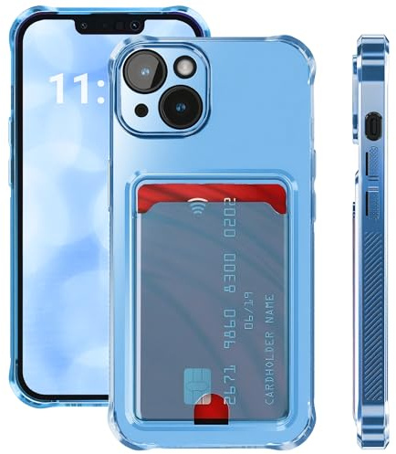 ELEVAVIDA Coque de Protection pour iPhone 14 Bleu Transparent avec Porte-cartes, Protection de Caméra, Coins Antichoc, Étui pour Apple iPhone 14 Bleu Clair avec Compartiment pour Cartes