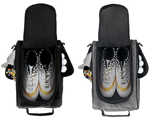 Goloni Golf-Schuhtasche für Herren und Damen, Reise-Schuhtasche, Sportschuh-Tragetaschen mit seitlichen Zubehörtaschen für Socken, Tees, Golfbälle, Schwarz + Grau, Golf