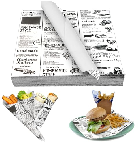 Lot de 100 feuilles de papier Deli - 25 x 25 cm - Jetables - Papier ciré alimentaire - Respectueux de l'environnement - Pour hamburgers, pain au beurre, fromage, frites