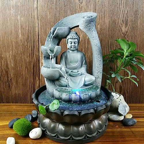 Ornamento da Tavolo con Decorazione per Fontana da Tavolo in Resina Buddha con Luce a LED per L'home Office (Spina UE 100‑240 V 220V)