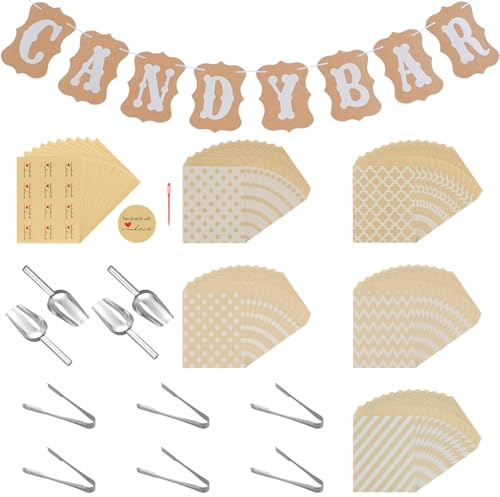 81 unidades accesorios para barra de caramelos, incluye 60 bolsas de caramelos, 10 pegatinas, 6 pinzas de azúcar, 4 palas y 1 guirnalda decorativa, juego de decoración para bodas, cumpleaños