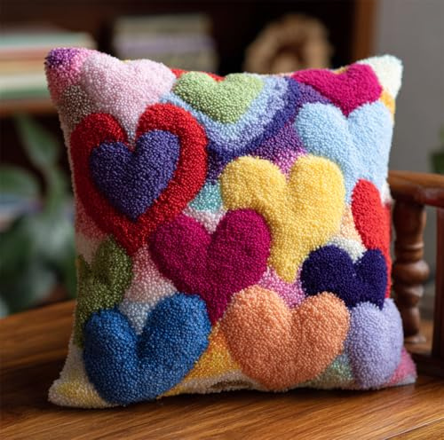 kitphoenix Latch Hook Cushion Kit -Heart-Shaped Balloons 17X17Inch, DIY Needlework Pillow Cover Cushion Rug Making Kit for Adults