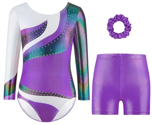 Gymnastiktrikåer set för dansande flickor – långärmade och ärmlösa trikåer med shorts och pannband tonad färg glittrande balettdansande enheter gymnastikkläder, present till 110–150 cm flickor, C185