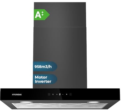 Hyundai Campana Extractora Tipo T 60cm, Cristal Negro, HCTT60DCB00. Potencia 958m3/h, 3 Velocidades, 2 Filtros, 68 dB Nivel Sonoro, Control Táctil, Filtro apto para Lavavajillas