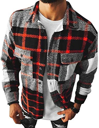 shownicer Chemises Homme en Flanelle Casual Manches Longues à Carreaux Chemise Veste Slim Fit Col en V Vintage Ample Bouton Bucheron Carreaux Chemise Hauts Tops A Rouge XXL