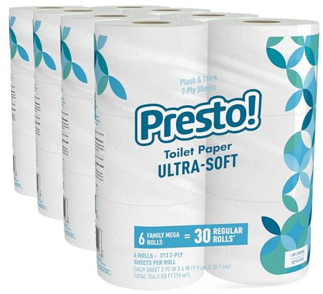 Amazon Brand - Presto! 2-Ply Ultra-Soft Toilet Paper, Septic-Safe, 24 Family Mega Rolls = 120 Regular Rolls, 308 Sheets, Unscented, Pack of 4