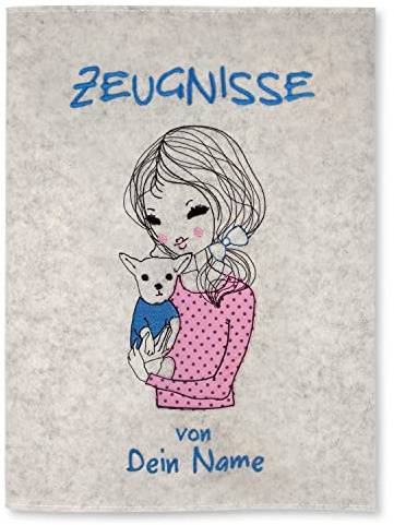 Goldi-Design Zeugnismappe Mädchen mit Hund weiß personalisiert mit Namen 100% Wollfilzumschlag und Sichtbuch DIN A4 mit 20 Hüllen