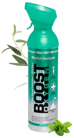 Boost Oxygen Sauerstofflasche für Unterwegs mit 95% Sauerstoff - 1x9L Sauerstoffdose mit Sauerstoffmaske für mehr als 150 Inhalationen - mobiler Sauerstoff Inhalator (Menthol-Eukalyptus Geschmack)