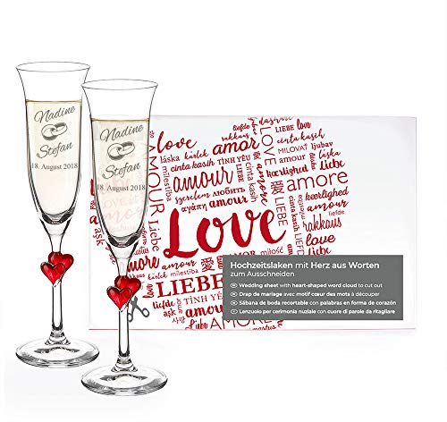 Casa Vivente Drap Nuptial à Découper et 2 Flûtes à Champagne Personnalisées, Cœur Rouge de Mots Love, Gravure Noms et Date, Motif Anneaux