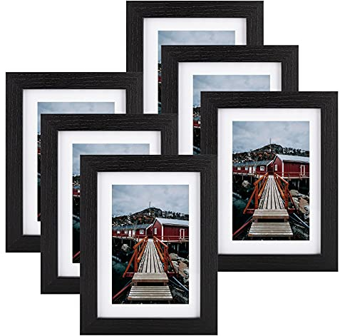 BEYAHELA Bilderrahmen 13x18 cm Schwarz 6er Set,Holz Bilderrahmen,mit Passepartout 10x15cm Bilderrahmen,HD-Glas MDF Holz Rahmen,Posterrahmen,zum Aufhängen&Aufstellen, für Fotos, Poster, Puzzles