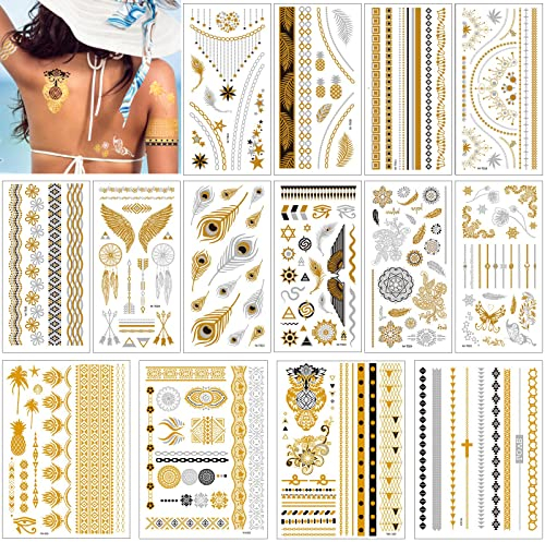 14 Blätter Metallic temporäre Tattoos Set, Tätowierung Wasserdicht Metallic Temporäre Tattoo, Flash Tattoos in Gold Silber schwarz für Frauen Jugendliche Mädchen Body Art