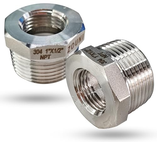 2 bujes hexagonales reductores, acero inoxidable 304 macho NPT de 1 pulgada a hembra NPT de 1/2 pulgada (MNPT de 1 pulgada a 1/2 pulgada FNPT), buje hexagonal de montaje de tubería resistente