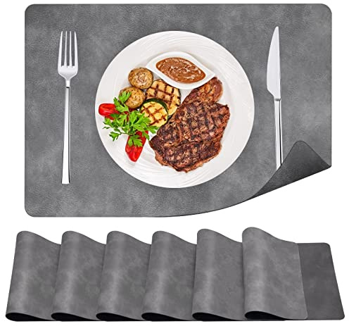 ANUNU Abwaschbar Tischset 6er Set, Leder Platzset Doppelseitige Farbe Tischset für Esstisch, Küche, Restaurant, hitzebeständige Tischsets Wendbare Waschbare Platzset Außenbereich (Grau und Schwarz)