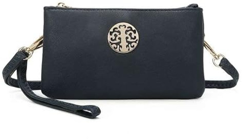She & Bags Women Golden Badge Detail Multi Function Doubel Compartments Small Wristlet Purse Clutch Crossbody Messenger Handbag-NAVY
