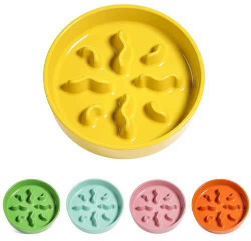 LE TAUCI PET Ceramic Slow Feeder Dog Bowls Small Breed, 0.5 Cups Dog Food Dish for Fast Eaters, Puzzle Bowl for Small Dogs and Cats, 5.5 Inch-Yellow