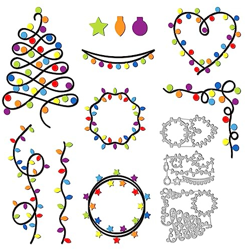 GLOBLELAND Weihnachtsbaum Lichterkette Metall Stanzschablone Bunter Laternen Rahmen Papierpräge Stanzschablonen Set Stanzformen für Kartenherstellung DIY Papier Scrapbooking Handgefertigtes | Für Kartenherstellung, Scrapbooking, Papierdekoration, Album
