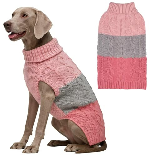 EXPAWLORER Farbblock Hundepullover - Modische Gestrickte Hundekleidung Welpenpullover, Rollkragen Hunde Pullover für Kleine Mittelgroße Große Hunde, Rosa XL