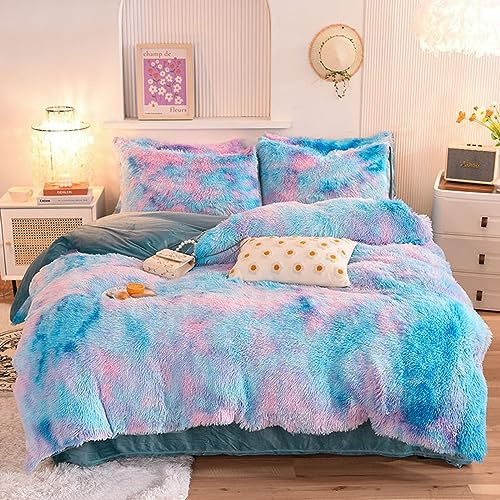 ZIQINPSQ Set di biancheria da letto in peluche soffice, pelliccia sintetica batik per adolescenti e ragazze, velluto morbido, soffice, letto matrimoniale (blu, 4 pezzi, poliestere, velluto)