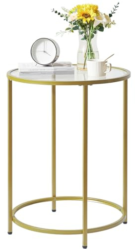 YMYNY Beistelltisch, Couchtisch, rund, aus gehärtetem Glas, Metallrahmen, transparent, 50 x 65 cm, Schmaler Nachttisch, Sofatisch für Wohnzimmer, Balkon, Büro, Goldfarben HGD020G