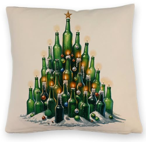 speecheese Weihnachtsbaum aus Bierflaschen Kissen mit Leinenoptik Originelles WeihnachtsKissen mit Leinenoptik für Bierliebhaber