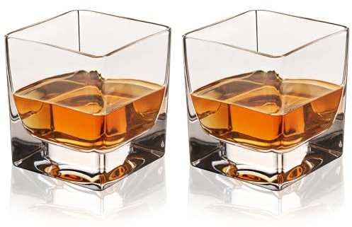 Viski Braque Rocks Short Glass Set - Old Fashioned Glass Square Drinking Glasses, Crystal Cocktail Glasses 10oz Set of 2