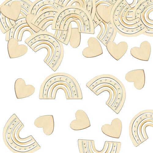 120 Stück Taufe Deko Holz, Streudeko Taufe Deko, Tischdeko Taufe, Babyparty Deko, Taufe Konfetti, Regenbogen & Holzherzen Konfetti Deko für Kommunion Geburstag DIY, Boho Konfetti für Junge Mädchen