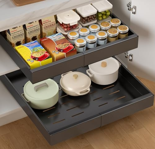 LeKuni Teleskopschublade 1 Stück, Verstellbare Breite Ausziehbare Schublade Küche, Ausziehbarer Schrank Organizer, Pull Out Cabinet Organizer, Auszug Küchenschrank Organizer Schrank (SCHWARZ 32-52cm)