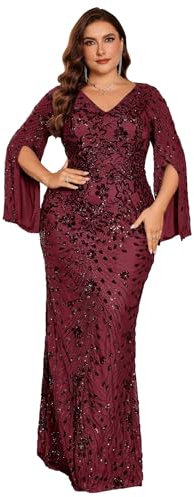 Langes Glitzer-Meerjungfrauenkleid in Übergröße für die Mutter der Braut, langärmelig, V-Ausschnitt, Pailletten, formelles Kleid, Burgunder, 44 Mehr